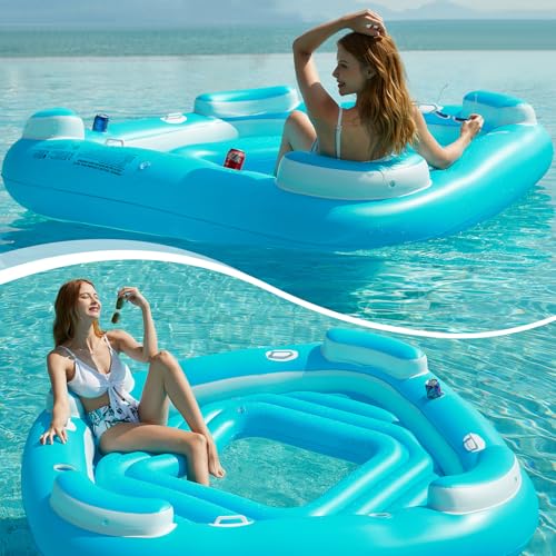 Jasonwell Floating Island Pool Float - Inflatable 4-Person Lounger Raft with Cupholders Z36323
