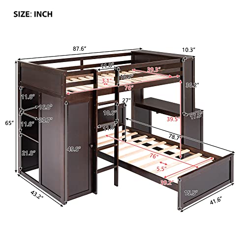 Harper & Bright Designs Full Over Twin Bunk Bed with Desk and Storage, Solid Wood, Gray L8927