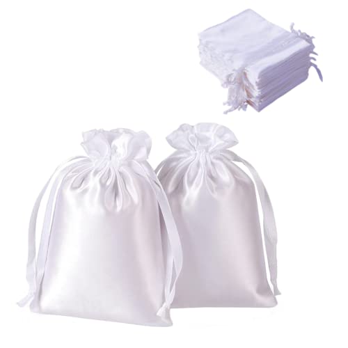 KUPOO 50 PACK 4 x 6 Inch Golden Stain Gift Bags,Jewelry Bags,Silk bags, Baby Shower Bags,Christmas Gift Bags,Jewelry Pouches Drawstring Bag for Wedding Party Gift (4x6 Inch (Pack of 50), White)