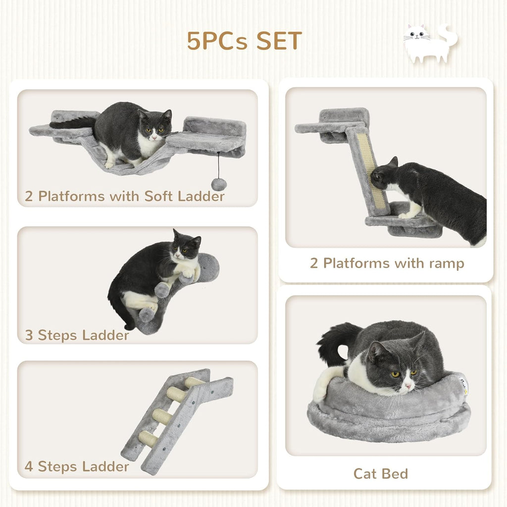 PawHut Cat Wall Shelves with Steps and Perches, Gray E4800