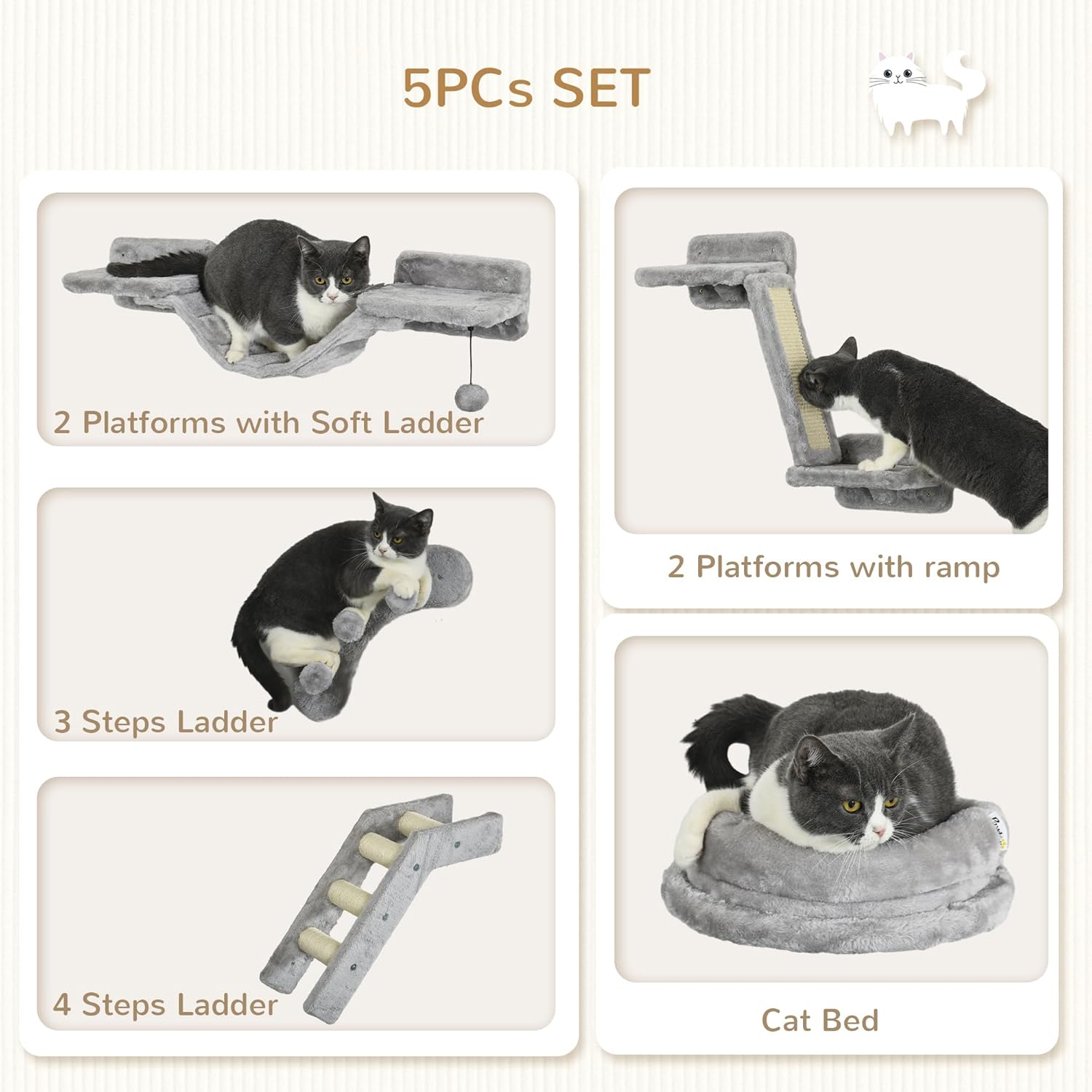 PawHut Cat Wall Shelves with Steps and Perches, Gray E4800