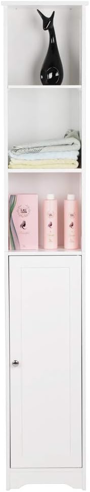 White Tall Bathroom Storage Cabinet, Slim Corner Floor Cabinet with Doors W671484
