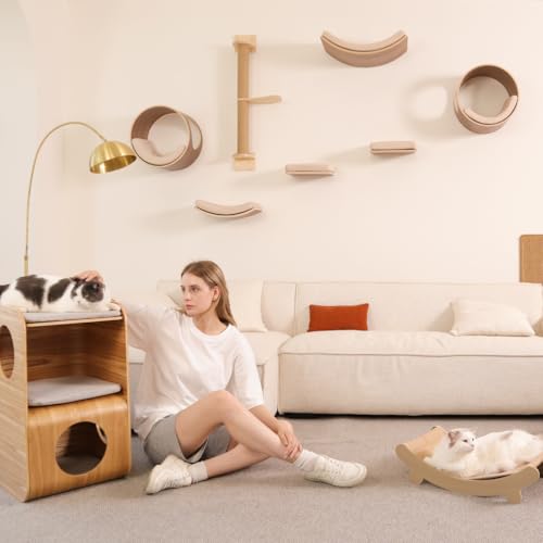 Cat Wall Shelves Round with Cushion for Large Cats, Wall Mounted Wooden Perch, Oak Y68462