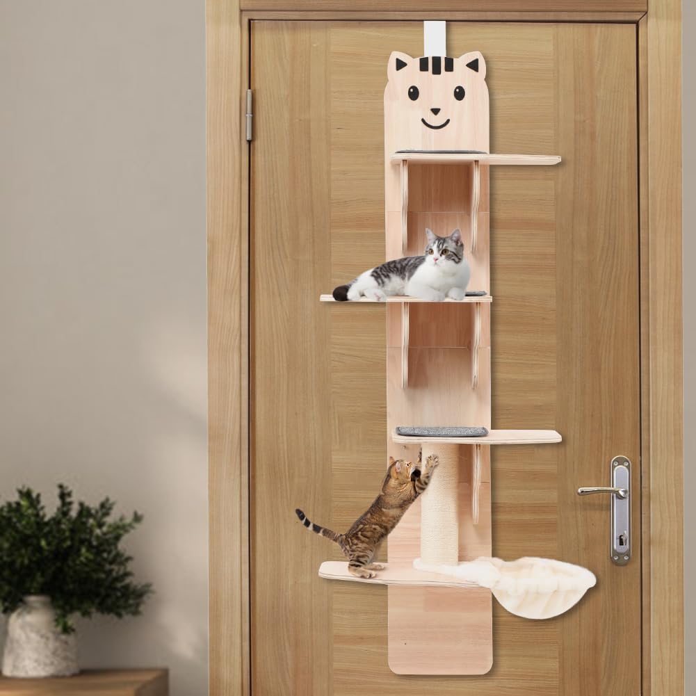EMUST Door Cat Tree for Indoor Cat, Over The Door Cat Climber, 4-Tier Door Hanging Cat Tree with Cat Scratching Post, Cat Hammock for Small Medium Large Cats