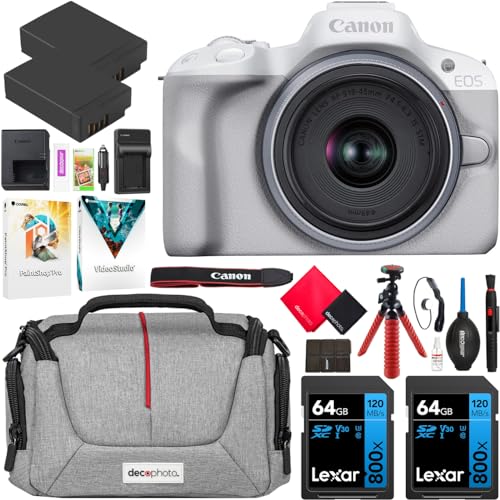 Canon EOS R50 Mirrorless Camera with RF-S 18-45mm Lens, White, Bundle with Bag, Batteries & Memory Cards S656267