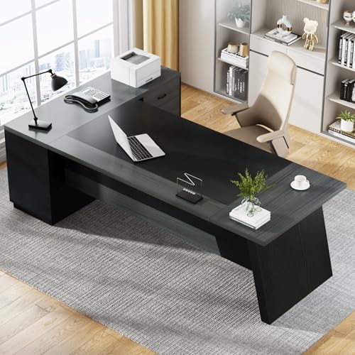 Tribesigns 78" L-Shaped Executive Desk with Drawers and File Cabinet, Walnut & Black V6249