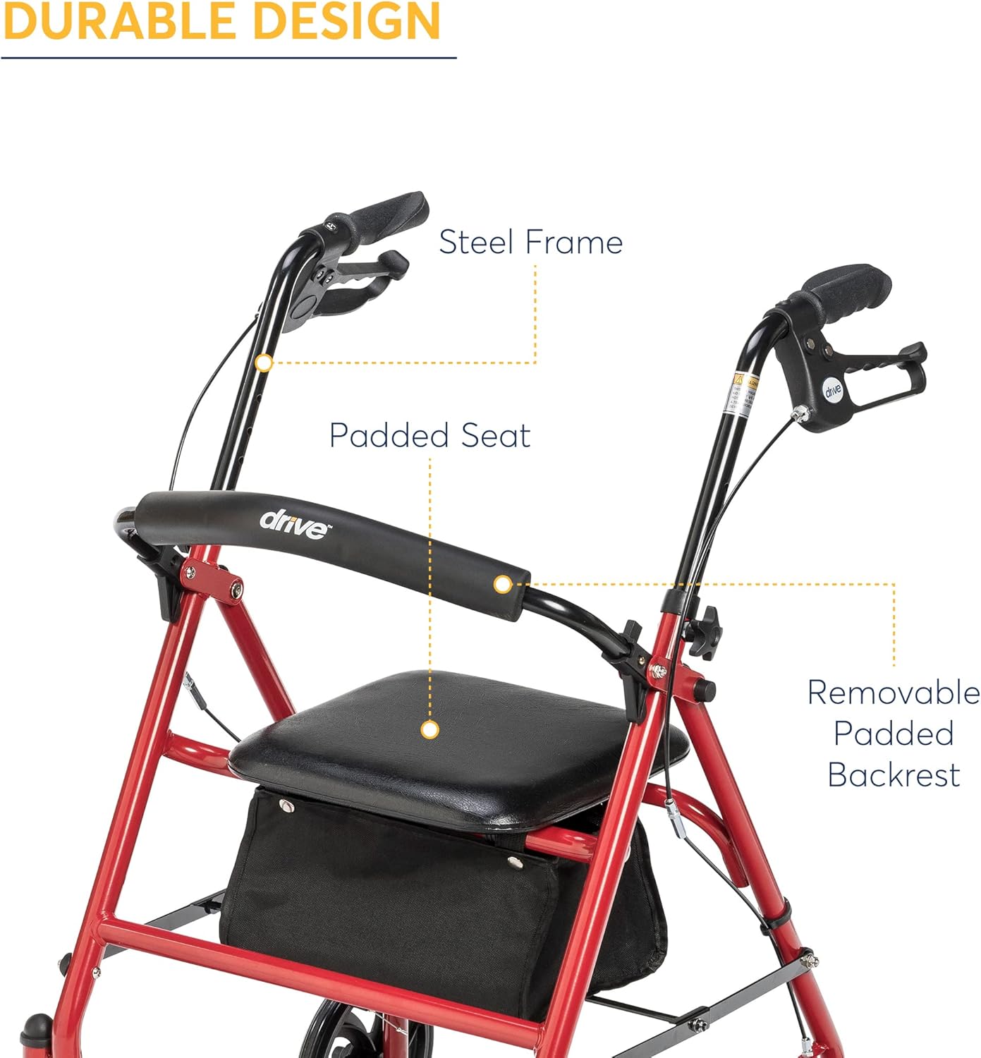 Drive Medical 4 Wheel Rollator Walker with Seat, Height Adjustable R563