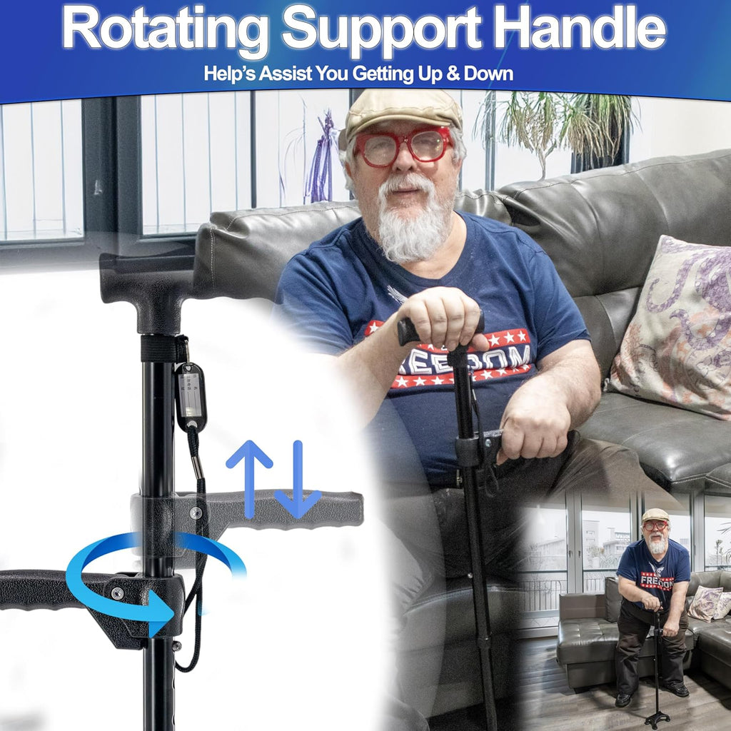 Adjustable Walking Cane with Quad Base and Rotating Handle H8946