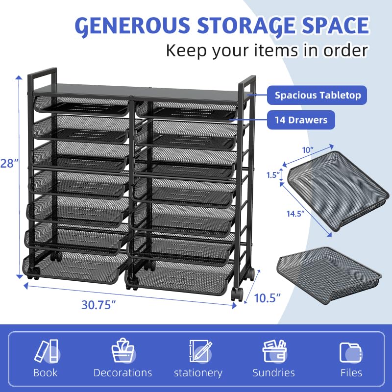 Simple Trending 14 Tier Rolling File Cart with Sliding Trays, Black C4528
