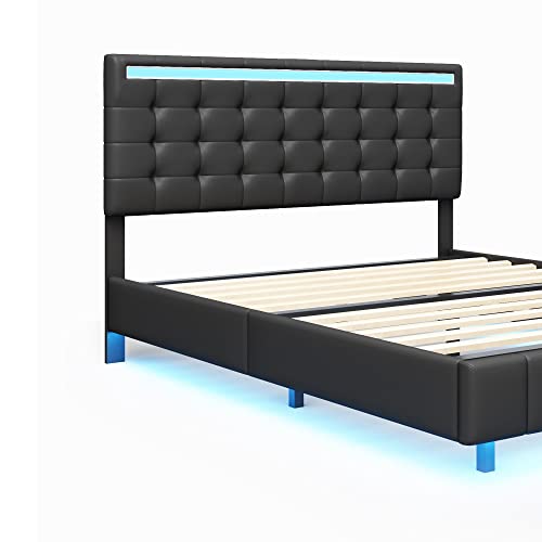 Queen Size LED Lighted Upholstered Platform Bed Frame with USB Charging, Black N957