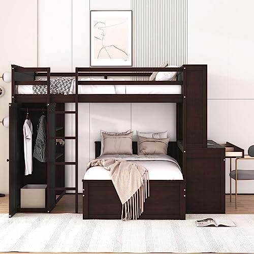 Harper & Bright Designs Full Over Twin Bunk Bed with Desk and Storage, Solid Wood, Gray L8927