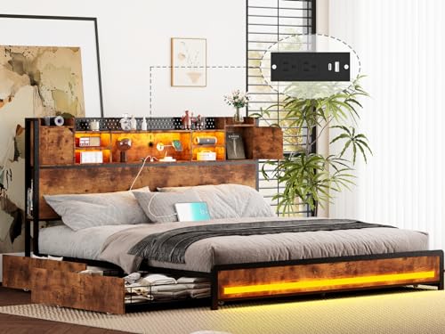 King Size Bed Frame with Storage Drawers and Bookcase Headboard, LED Lights, Vintage Brown K9476
