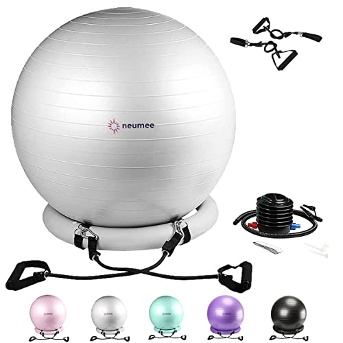 Exercise Ball Chair with Resistance Bands, Yoga Ball Office Chair with Stability Base for Home Gym, Workout Ball for Fitness, Large Size 65 cm