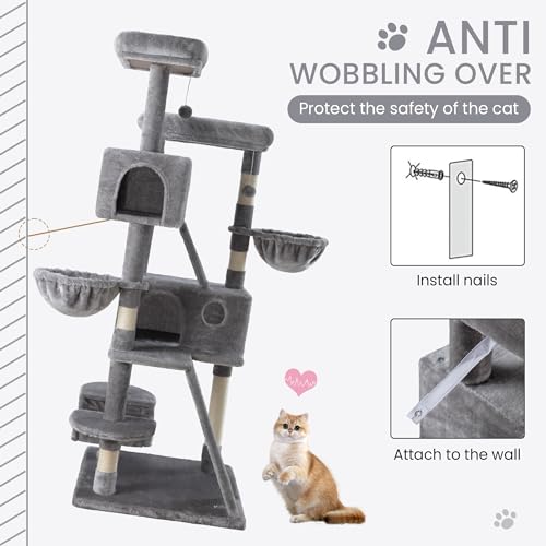 SHA CERLIN 65in Cat Tree Tower for Indoor Cats, Multi-Level with Scratching Posts and Hammock Y941282