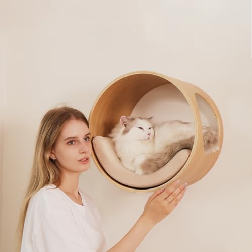 Cat Wall Shelves Round with Cushion for Large Cats, Wall Mounted Wooden Perch, Oak Y68462