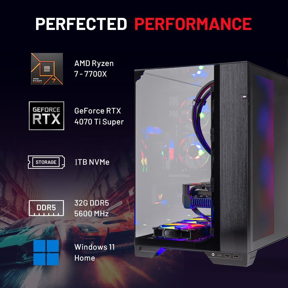 Skytech O11V Gaming PC Desktop, Ryzen 7 7700X, RTX 4070 Ti Super, 32GB DDR5, 1TB SSD Y2363