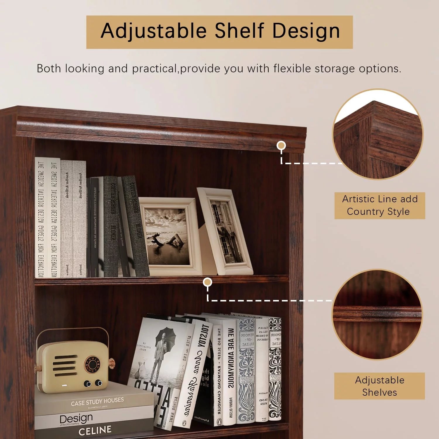 ENSTVER Wooden 5-Shelf Bookcase with Adjustable Shelves, Cherry D581