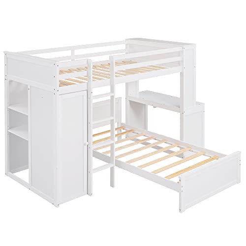 Harper & Bright Designs Full Over Twin Bunk Bed with Desk and Storage, Solid Wood, Gray L8927