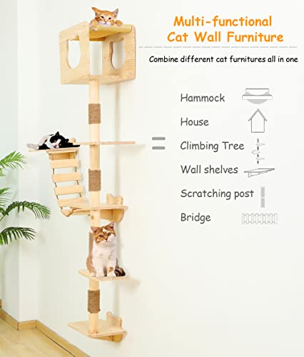 Tall Cat Tree House with Hammock Solid Wood Indoor Activity Tower O7163