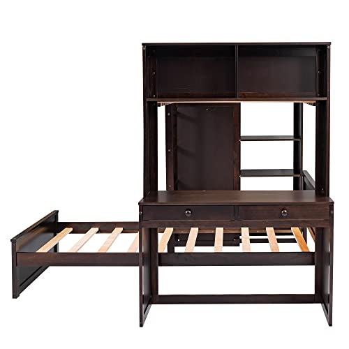 Harper & Bright Designs Full Over Twin Bunk Bed with Desk and Storage, Solid Wood, Gray L8927