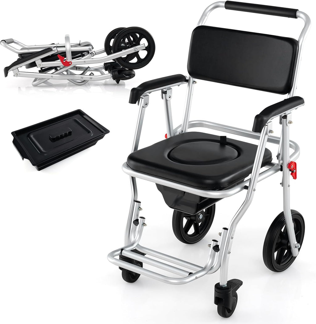 Giantex Bedside Commode Wheelchair for Toilet - Foldable Shower Chair with Arms, Lockable Casters, Detachable Bucket, Transport Wheelchair, Rolling Bath Chair, Shower Seats for Elderly, Handicap