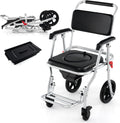 Giantex Bedside Commode Wheelchair for Toilet - Foldable Shower Chair with Arms, Lockable Casters, Detachable Bucket, Transport Wheelchair, Rolling Bath Chair, Shower Seats for Elderly, Handicap