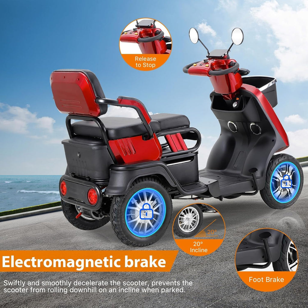 Two Seater Mobility Scooter 500lbs Capacity Heavy Duty Electric - Red D52623
