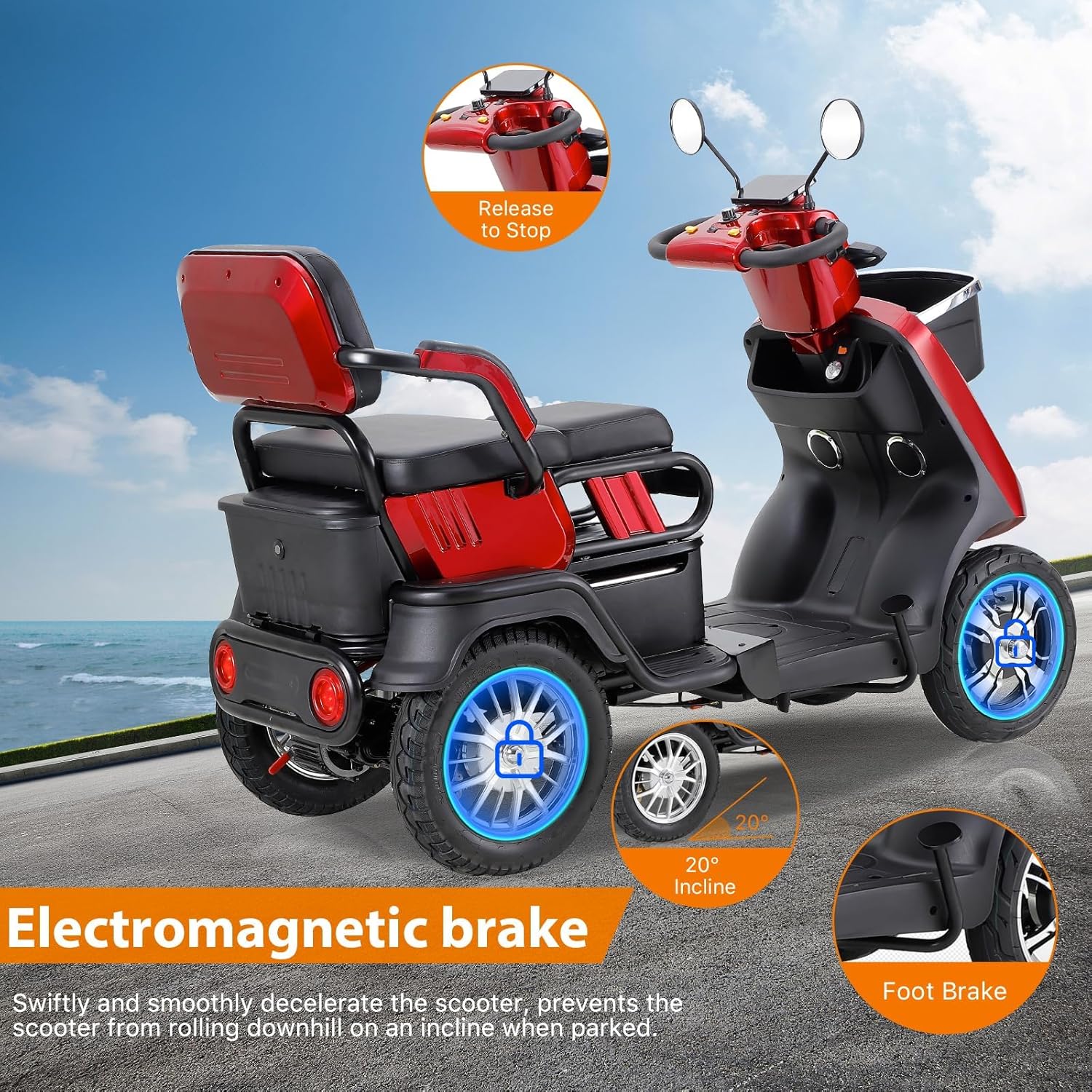 Two Seater Mobility Scooter 500lbs Capacity Heavy Duty Electric - Red D52623