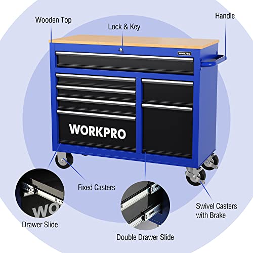 WORKPRO 46-Inch 9-Drawer Rolling Tool Chest with Wooden Top R9148