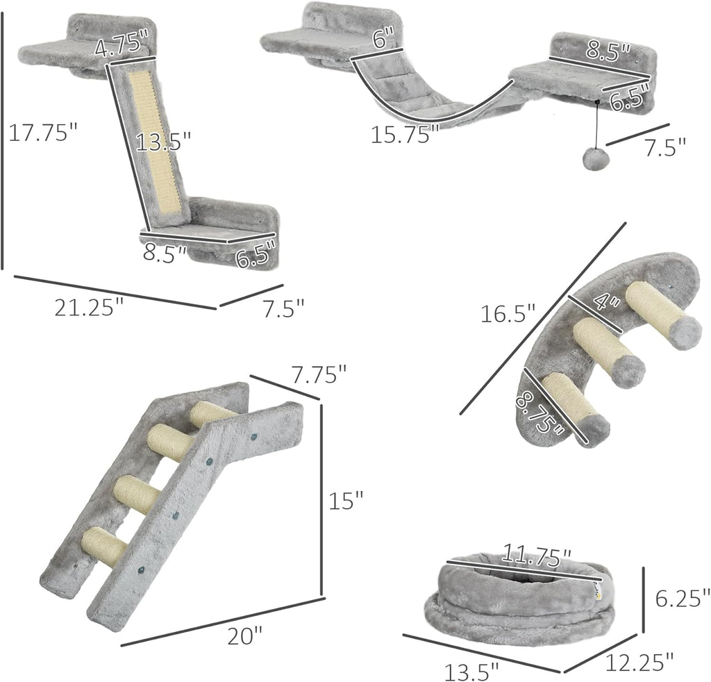 PawHut Cat Wall Shelves with Steps and Perches, Gray E4800