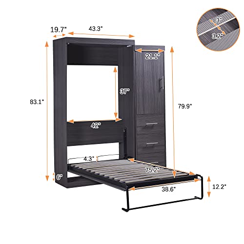 DEINPPA Full Size Murphy Bed with Convertible Wardrobe, Wall Bed with Drawers and Shelf, Antique Wood I776
