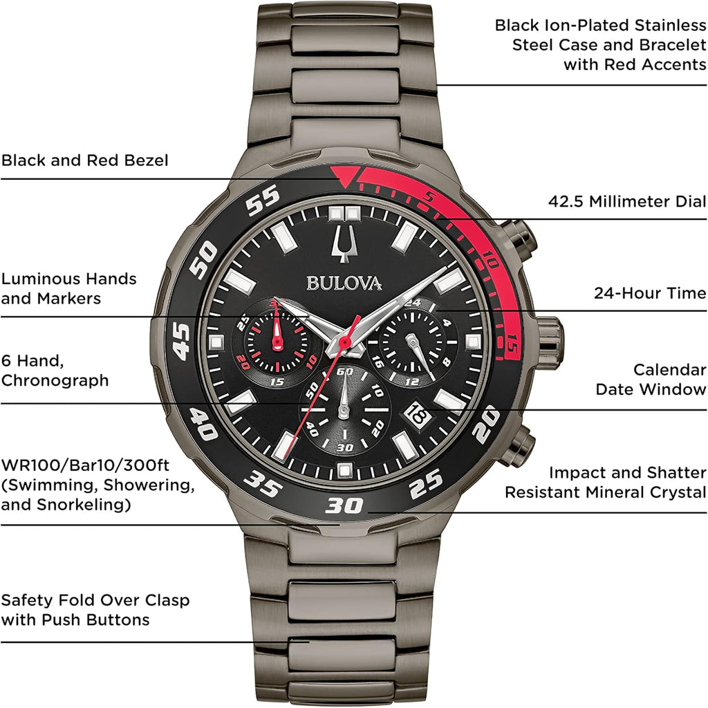 Bulova Men's Classic Sport Black Ion Plated Stainless Steel Chronograph Watch H2295