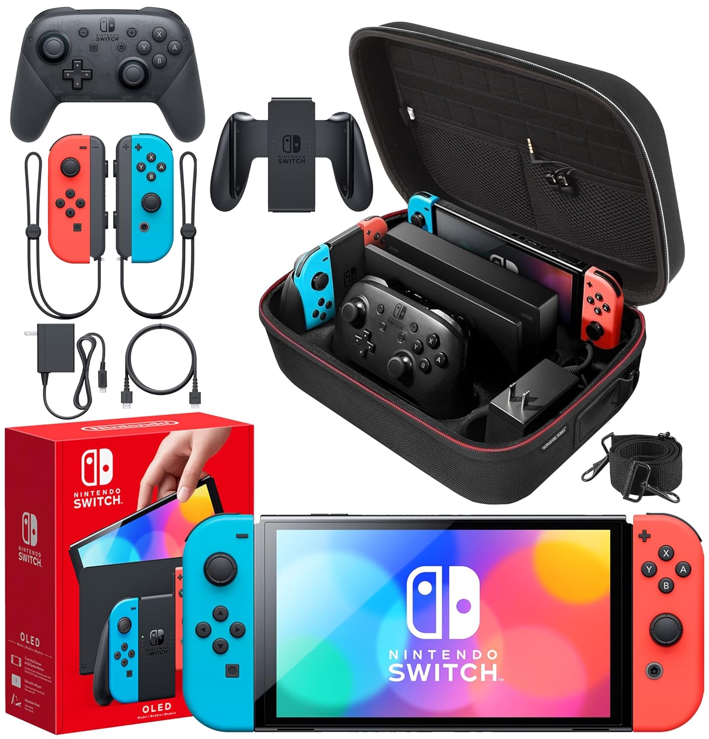 Nintendo Switch OLED Model with Neon Red/Blue Joy-Con | Includes Pro Controller and Extra Joy-Con Set, For TV and Handheld Gaming | With Signature Series Nintendo Switch Large Case and Earphones