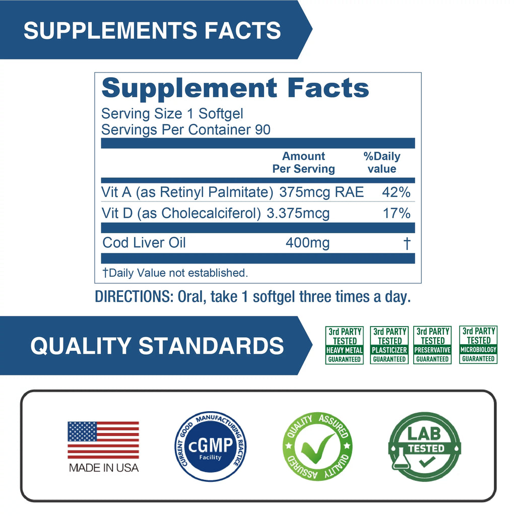 Lovita Cod Liver Oil 400 mg, Omega 3 with Vitamin A & D3, 90 Softgels (Pack of 3) T4339