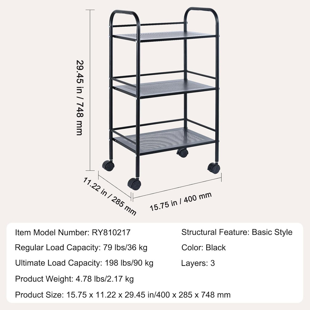 VEVOR 3-Tier Metal Rolling Cart with Lockable Wheels, Black Q103026