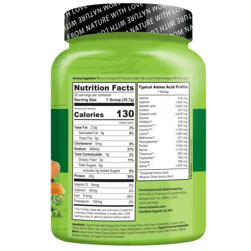 NATURELO Plant Protein Powder, Vanilla, 22g Protein, Vegan, 20 Servings S8145