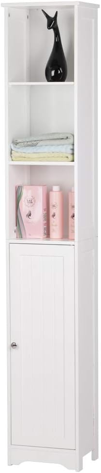 White Tall Bathroom Storage Cabinet, Slim Corner Floor Cabinet with Doors W671484
