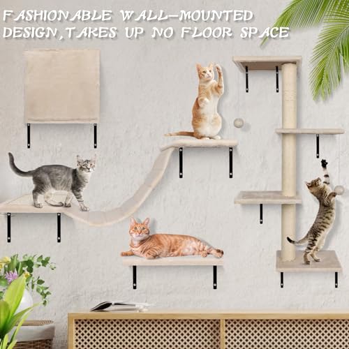 Almcmy Wall Mounted Cat Furniture 4 PCS Wood Cat Wall Shelves with Bridge, Grey P56660