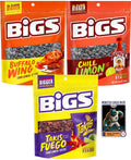 Bigs Sunflower Seeds Spicy Variety, 1 of each Flavor: Buffalo Wing, Chile Limon, Takis Fuego, 5.35 oz (Pack of 3) with By The Cup Baseball Card