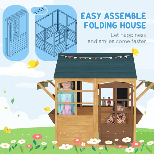 Qaba Foldable Wooden Outdoor Playhouse for Kids 3-8 Years, Brown J22431