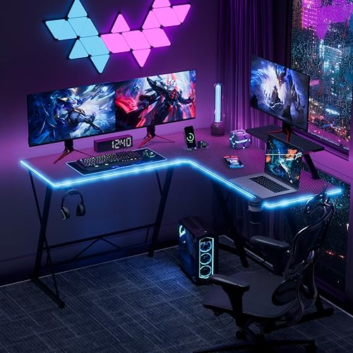 Mr IRONSTONE Gaming Desk with LED Lights, L Shaped Corner Desk, Black 51 Inch X2072