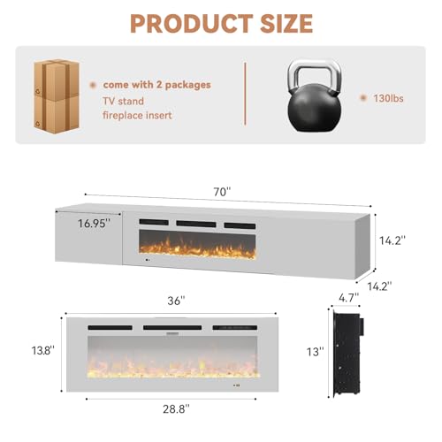 Aoxun Floating Fireplace TV Stand 70" Wall Mounted Entertainment Center with 36" Electric Fireplace, Black A864
