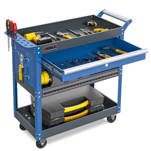 3 Tier Tool Cart,440 LBS Capacity Rolling Tool Cart with Drawers,Heavy Duty Industrial Service Tool Cart on Wheels with Pegboard Hooks for Mechanics,Garage,Warehouse,Workshop,Blue
