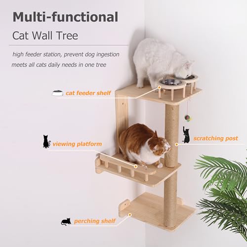 Corner Cat Shelf Wall Mounted with Feeder, 3 Levels Cat Wall Tree for Indoor Cats F39365