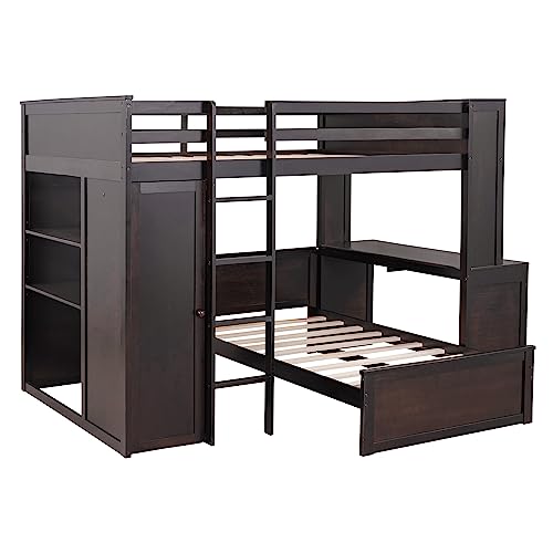 Harper & Bright Designs Full Over Twin Bunk Bed with Desk and Storage, Solid Wood, Gray L8927