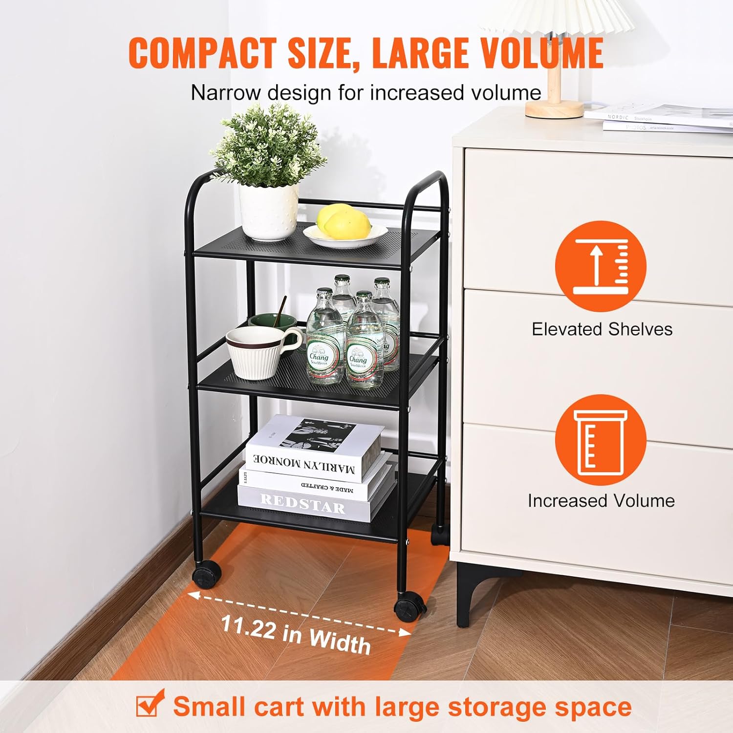 VEVOR 3-Tier Metal Rolling Cart with Lockable Wheels, Black Q103026