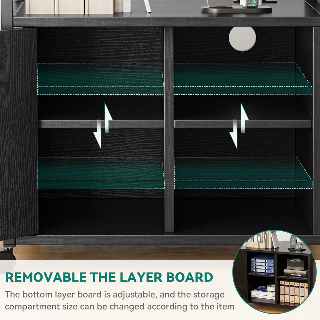 Dextrus Lateral File Cabinet, Wood Printer Stand with Charging Station, Black L37427