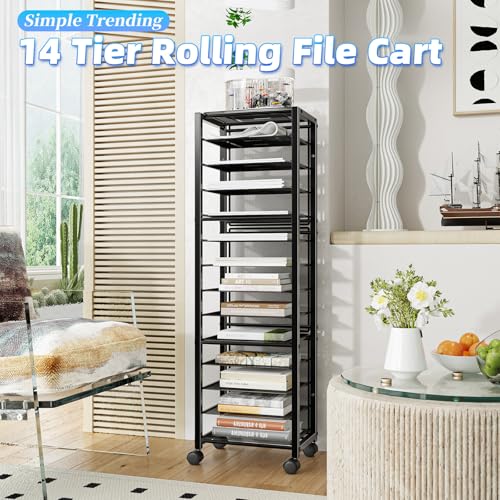 Simple Trending 14 Tier Rolling File Cart with Sliding Trays, Black C4528