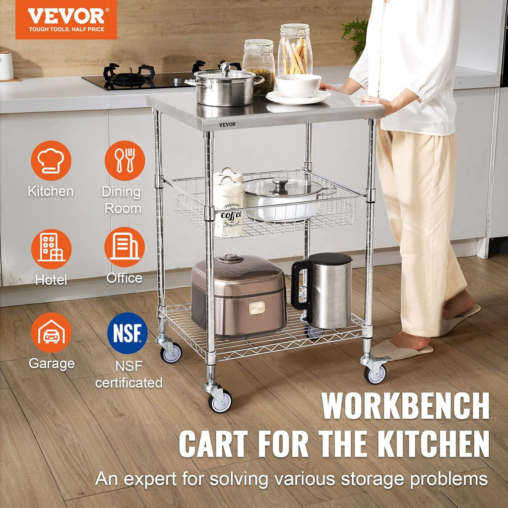 VEVOR Kitchen Utility Cart, 3-Tier Steel Rolling Cart with Brake Wheels X906