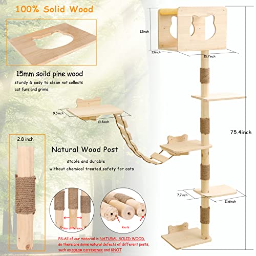 Tall Cat Tree House with Hammock Solid Wood Indoor Activity Tower O7163